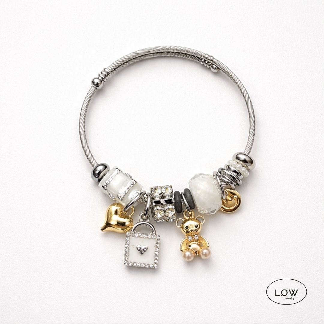 Teddy Heart Charm Bracelet Silver fra LØW Jewelry charms armbånd ferdig fylt