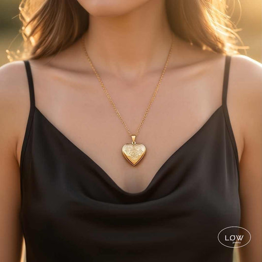 Vintage Floral Heart Locket Necklace Gold