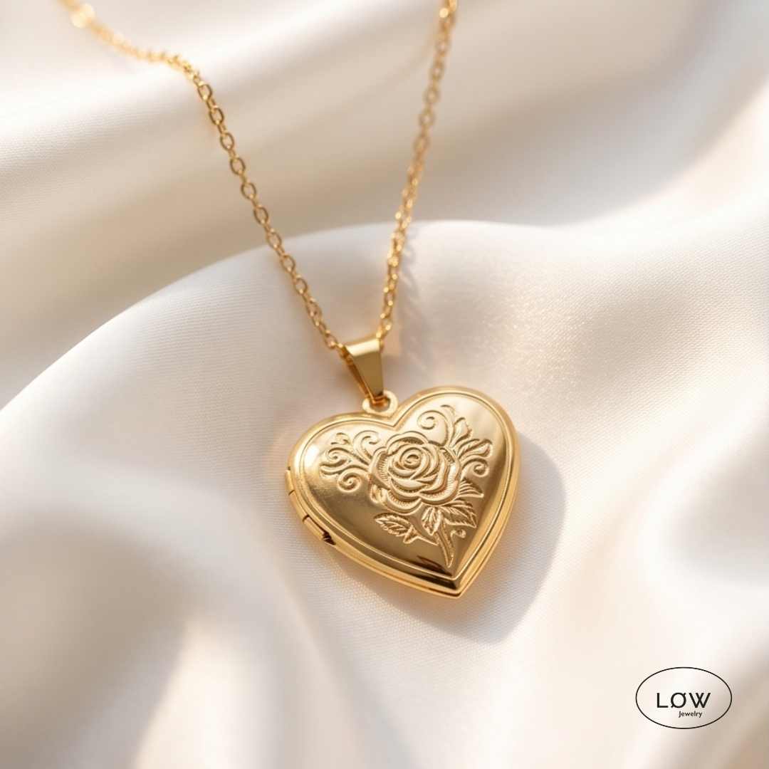 Vintage Floral Heart Locket Necklace Gold