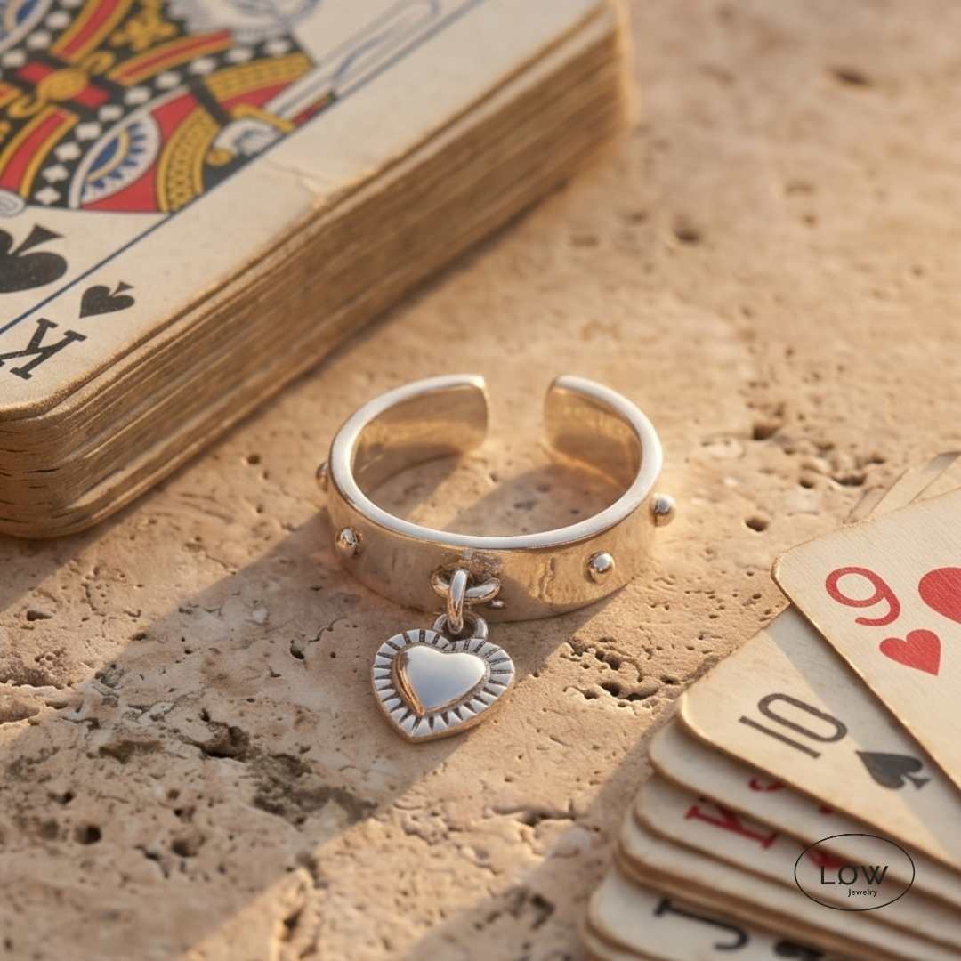 Charms ring Vintage Heart Charm Open Ring 925 Sterling sølv LØW Jewelry