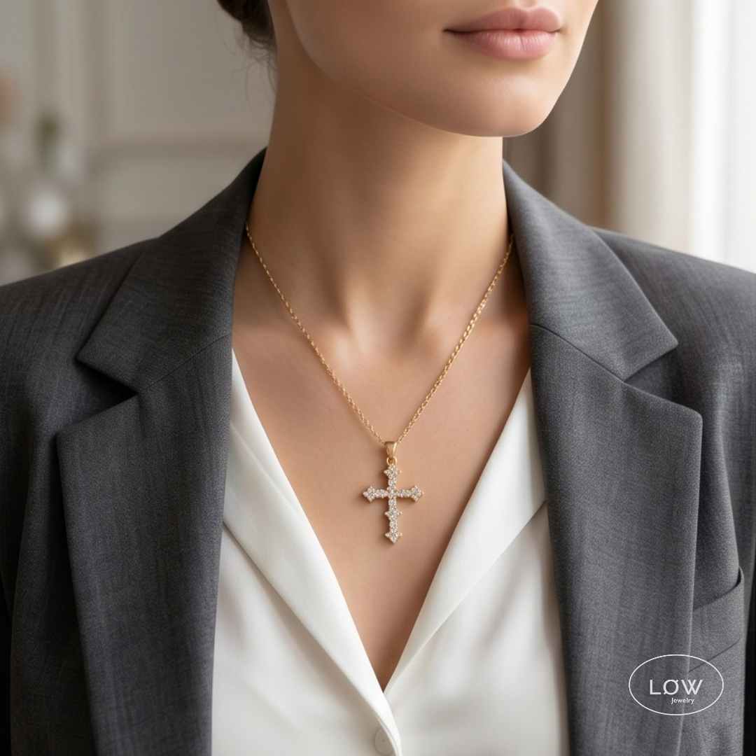 Vintage Romance Cross Necklace Gold halssmykke med kors LØW Jewelry