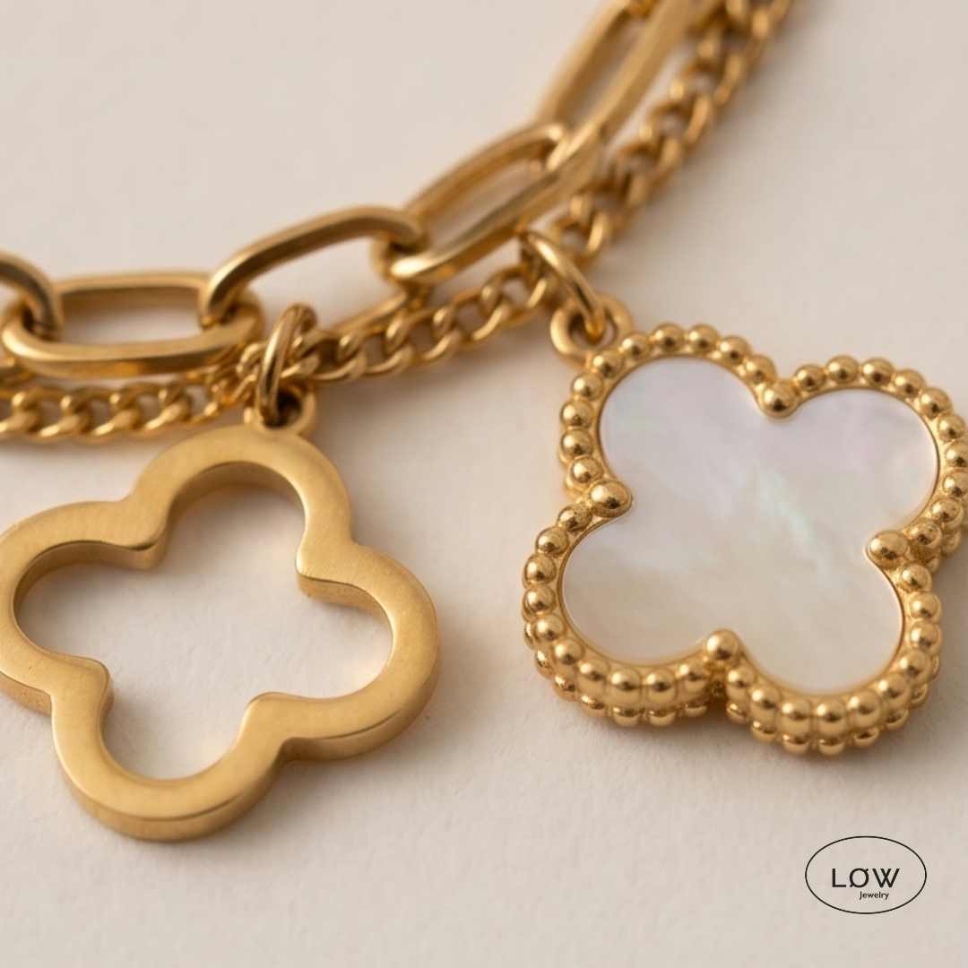 classic-clover-double-bracelet Armbånd med kløver Chars LØW Jewelry rustfritt stål belagt med 18K gull LØW Jewelry