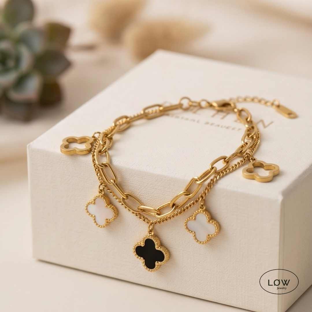 classic-clover-double-bracelet Armbånd med kløver Chars LØW Jewelry rustfritt stål belagt med 18K gull