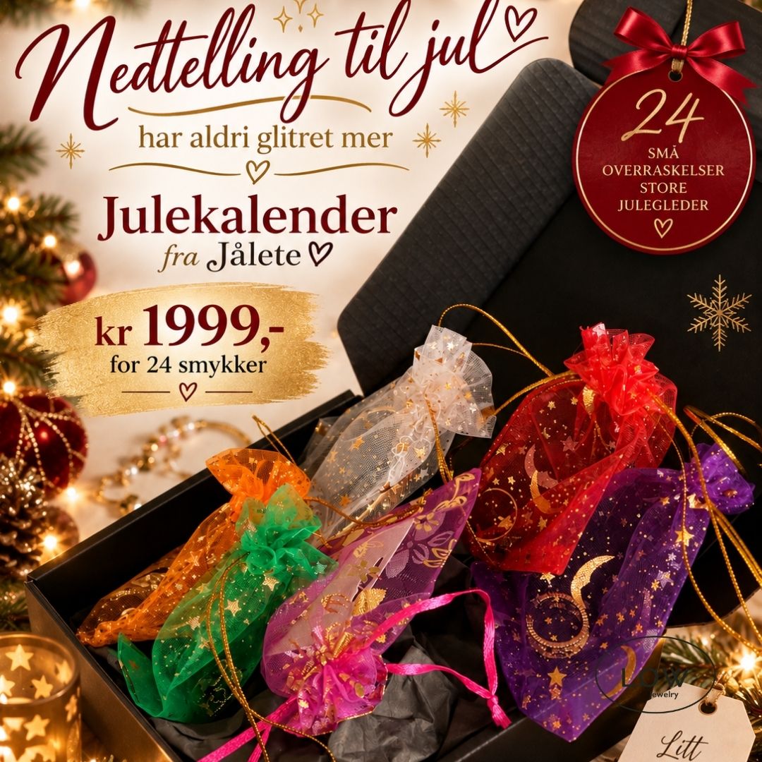 LØW Jewelry julekalender med 24 gullfargede smykker. Verdi fra 3.096 kr – din pris 1.990 kr. Ringer, ørepynt, armbånd, charms og mer.